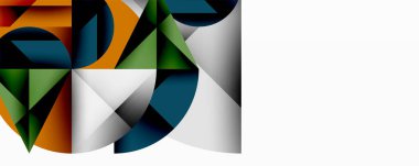 Kesişen daireler, üçgenler, kareler ve keskin açılarla soyut geometrik tasarım gradyan, derinlik ve kontrast içeren katmanlı bir bileşim yaratır.