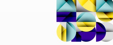 Kesişen daireler, üçgenler, kareler ve keskin açılarla soyut geometrik tasarım gradyan, derinlik ve kontrast içeren katmanlı bir bileşim yaratır.