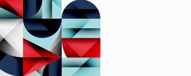 Üst üste binen daireler ve gradyanlarla soyut geometrik çizimler, daire kare üçgen şekilleri arka plan şekilleri keskin açısal kesikler, pürüzsüz gölgeleme ve yapılandırılmış katman bileşimi