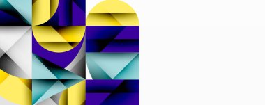 Kesişen daireler, üçgenler, kareler ve keskin açılarla soyut geometrik tasarım gradyan, derinlik ve kontrast içeren katmanlı bir bileşim yaratır.