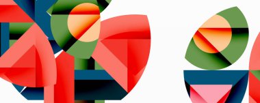 Birbirine kenetlenmiş dairesel ve açısal şekillerle soyut geometrik bileşim, pürüzsüz gradyanlar ve beyaz arkaplan üzerinde keskin karşıtlıklar