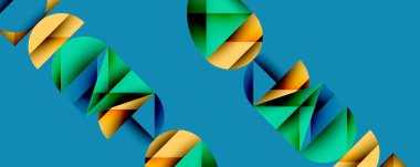 Katmanlı gradyan şekilli soyut geometrik arkaplan dinamik desenler oluşturuyor. Üst üste binen yarı daireler ve üçgenler derinlik ve karşıtlık yaratır