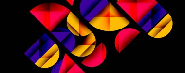 Katmanlı gradyan şekilli soyut geometrik arkaplan dinamik desenler oluşturuyor. Üst üste binen yarı daireler ve üçgenler derinlik ve karşıtlık yaratır