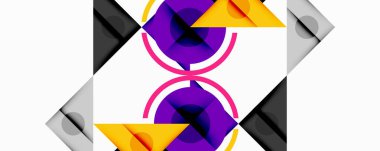 Kesişen üçgenler, daireler ve gradyanlarla soyut geometrik bileşim, derinlik ve kontrastla dinamik bir katman oluşturur.