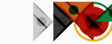 Üst üste binen üçgenler, daireler ve gradyanlarla soyut geometrik bileşim, merkezi dairesel dizayn ve metin