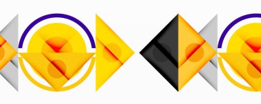 Katmanlı üçgenler, daireler ve gradyanlarla birlikte geometrik soyut tasarım, keskin zıtlıklar ve derinlikle yapılandırılmış bir model oluşturur.