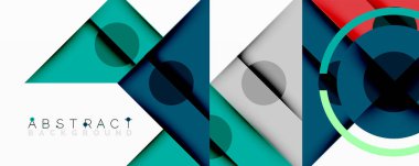 Üst üste binen üçgenler, daireler ve gradyanlarla soyut geometrik bileşim, merkezi dairesel dizayn ve metin