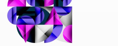 Kesişen daireler, üçgenler, kareler ve keskin açılarla soyut geometrik tasarım gradyan, derinlik ve kontrast içeren katmanlı bir bileşim yaratır.