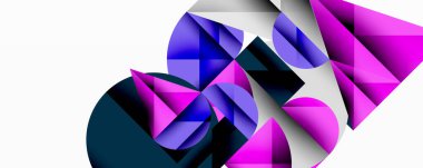 Kesişen daireler, üçgenler, kareler ve keskin açılarla soyut geometrik tasarım gradyan, derinlik ve kontrast içeren katmanlı bir bileşim yaratır.