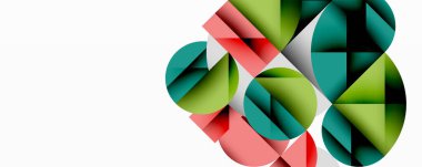 Kesişen daireler, üçgenler, kareler ve keskin açılarla soyut geometrik tasarım gradyan, derinlik ve kontrast içeren katmanlı bir bileşim yaratır.