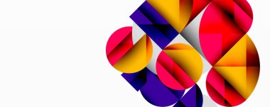 Üst üste binen daireler ve gradyanlarla soyut geometrik çizimler, daire kare üçgen şekilleri arka plan şekilleri keskin açısal kesikler, pürüzsüz gölgeleme ve yapılandırılmış katman bileşimi