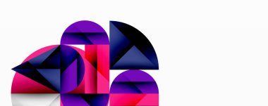 Üst üste binen daireler ve gradyanlarla soyut geometrik çizimler, daire kare üçgen şekilleri arka plan şekilleri keskin açısal kesikler, pürüzsüz gölgeleme ve yapılandırılmış katman bileşimi