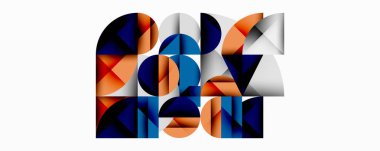 Üst üste binen daireler ve gradyanlarla soyut geometrik çizimler, daire kare üçgen şekilleri arka plan şekilleri keskin açısal kesikler, pürüzsüz gölgeleme ve yapılandırılmış katman bileşimi