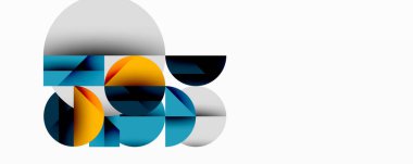 Üst üste binen daireler ve gradyanlarla soyut geometrik çizimler, daire kare üçgen şekilleri arka plan şekilleri keskin açısal kesikler, pürüzsüz gölgeleme ve yapılandırılmış katman bileşimi