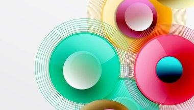 Üst üste binen daireler, parlak renkler ve pürüzsüz gradyanlarla gösterişli vektör tasarımı. Derinliği, simetrisi ve hafif arkaplanda minimalist zarafeti olan dinamik kompozisyon