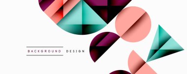 Katmanlı gradyan şekilli soyut geometrik arkaplan dinamik desenler oluşturuyor. Üst üste binen yarı daireler ve üçgenler derinlik ve karşıtlık yaratır