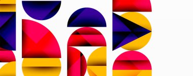 Katmanlı gradyan şekilli soyut geometrik arkaplan dinamik desenler oluşturuyor. Üst üste binen yarı daireler ve üçgenler derinlik ve karşıtlık yaratır