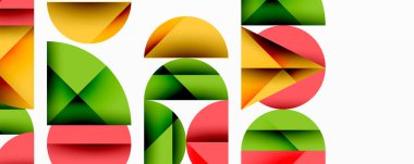 Katmanlı gradyan şekilli soyut geometrik arkaplan dinamik desenler oluşturuyor. Üst üste binen yarı daireler ve üçgenler derinlik ve karşıtlık yaratır