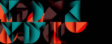 Katmanlı gradyan şekilli soyut geometrik arkaplan dinamik desenler oluşturuyor. Üst üste binen yarı daireler ve üçgenler derinlik ve karşıtlık yaratır