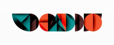 Katmanlı gradyan şekilli soyut geometrik arkaplan dinamik desenler oluşturuyor. Üst üste binen yarı daireler ve üçgenler derinlik ve karşıtlık yaratır