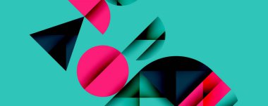 Çemberler ve üçgenlerin kesiştiği soyut geometrik desen. Yüksek kontrastlı kompozisyon derinlik yaratır ve dinamik, modern estetik