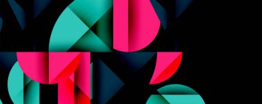 Çemberler ve üçgenlerin kesiştiği soyut geometrik desen. Yüksek kontrastlı kompozisyon derinlik yaratır ve dinamik, modern estetik