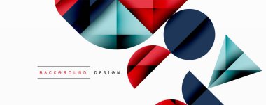 Katmanlı gradyan şekilli soyut geometrik arkaplan dinamik desenler oluşturuyor. Üst üste binen yarı daireler ve üçgenler derinlik ve karşıtlık yaratır