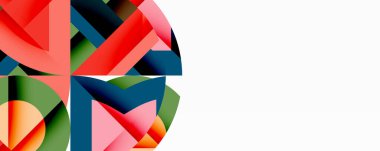 Birbirine kenetlenmiş dairesel ve açısal şekillerle soyut geometrik bileşim, pürüzsüz gradyanlar ve beyaz arkaplan üzerinde keskin karşıtlıklar