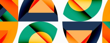 Daireler, yarı daireler, kareler ve yuvarlak üçgenler. Duvar kağıdı, afiş, arkaplan, kart, kitap illüstrasyonu, iniş sayfası için geometrik mozaik mozaik desen soyut arkaplan