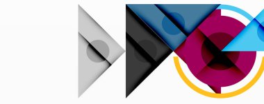 Kesişen üçgenler, daireler ve gradyanlarla soyut geometrik bileşim, derinlik ve kontrastla dinamik bir katman oluşturur.