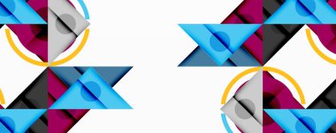 Kesişen üçgenler, daireler ve gradyanlarla soyut geometrik bileşim, derinlik ve kontrastla dinamik bir katman oluşturur.