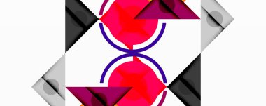 Üst üste binen üçgenler, daireler ve gradyanlarla soyut geometrik bileşim, merkezi dairesel dizayn ve metin