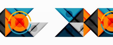 Üst üste binen üçgenler, daireler ve gradyanlarla soyut geometrik bileşim, merkezi dairesel dizayn ve metin