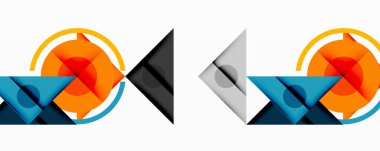 Üst üste binen üçgenler, daireler ve gradyanlarla soyut geometrik bileşim, merkezi dairesel dizayn ve metin