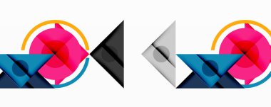 Katmanlı üçgenler, daireler ve gradyanlarla birlikte geometrik soyut tasarım, keskin zıtlıklar ve derinlikle yapılandırılmış bir model oluşturur.