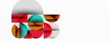 Üst üste binen daireler ve gradyanlarla soyut geometrik çizimler, daire kare üçgen şekilleri arka plan şekilleri keskin açısal kesikler, pürüzsüz gölgeleme ve yapılandırılmış katman bileşimi