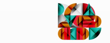 Üst üste binen daireler ve gradyanlarla soyut geometrik çizimler, daire kare üçgen şekilleri arka plan şekilleri keskin açısal kesikler, pürüzsüz gölgeleme ve yapılandırılmış katman bileşimi