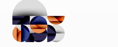 Kesişen daireler, üçgenler, kareler ve keskin açılarla soyut geometrik tasarım gradyan, derinlik ve kontrast içeren katmanlı bir bileşim yaratır.