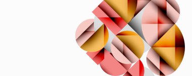 Üst üste binen daireler ve gradyanlarla soyut geometrik çizimler, daire kare üçgen şekilleri arka plan şekilleri keskin açısal kesikler, pürüzsüz gölgeleme ve yapılandırılmış katman bileşimi