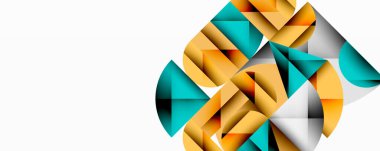 Kesişen daireler, üçgenler, kareler ve keskin açılarla soyut geometrik tasarım gradyan, derinlik ve kontrast içeren katmanlı bir bileşim yaratır.