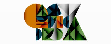 Kesişen daireler, üçgenler, kareler ve keskin açılarla soyut geometrik tasarım gradyan, derinlik ve kontrast içeren katmanlı bir bileşim yaratır.