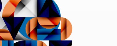 Üst üste binen daireler ve gradyanlarla soyut geometrik çizimler, daire kare üçgen şekilleri arka plan şekilleri keskin açısal kesikler, pürüzsüz gölgeleme ve yapılandırılmış katman bileşimi