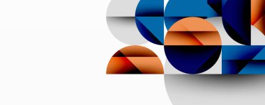 Üst üste binen daireler ve gradyanlarla soyut geometrik çizimler, daire kare üçgen şekilleri arka plan şekilleri keskin açısal kesikler, pürüzsüz gölgeleme ve yapılandırılmış katman bileşimi