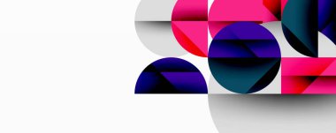 Katmanlı daireler ve açısal segmentlerle modern soyut kompozisyon gradyan, şeffaflık efektleri ve yapılandırılmış geometrik düzen içerir.