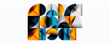 Üst üste binen daireler ve gradyanlarla soyut geometrik çizimler, daire kare üçgen şekilleri arka plan şekilleri keskin açısal kesikler, pürüzsüz gölgeleme ve yapılandırılmış katman bileşimi