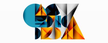 Üst üste binen daireler ve gradyanlarla soyut geometrik çizimler, daire kare üçgen şekilleri arka plan şekilleri keskin açısal kesikler, pürüzsüz gölgeleme ve yapılandırılmış katman bileşimi