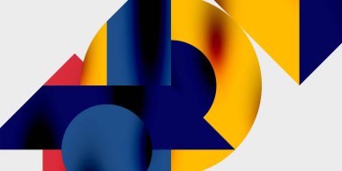 Dinamik geometrik bir kompozisyonda daireler, çizgiler ve üçgenler içeren modern soyut bir arkaplan. Tarz, teknoloji veya yaratıcı temalı tasarımlar için mükemmel.