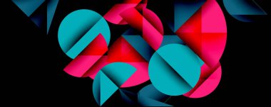 Katmanlı gradyan şekilli soyut geometrik arkaplan dinamik desenler oluşturuyor. Üst üste binen yarı daireler ve üçgenler derinlik ve karşıtlık yaratır