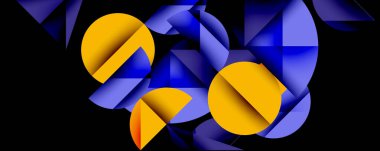 Katmanlı gradyan şekilli soyut geometrik arkaplan dinamik desenler oluşturuyor. Üst üste binen yarı daireler ve üçgenler derinlik ve karşıtlık yaratır