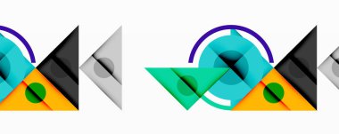 Katmanlı üçgenler, daireler ve gradyanlarla birlikte geometrik soyut tasarım, keskin zıtlıklar ve derinlikle yapılandırılmış bir model oluşturur.
